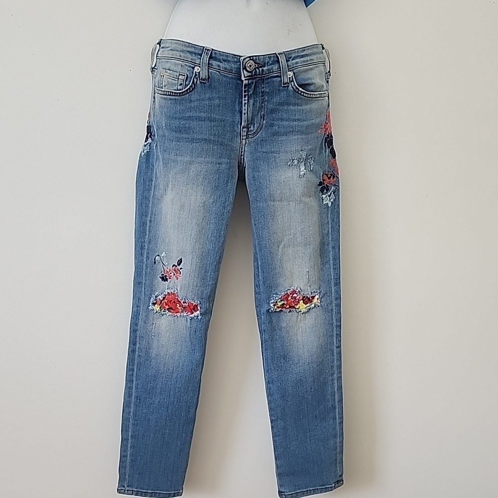 7 for all Mankind Pyper Crop Jeans with Floral Embroidery Firework Indigo Sz 24